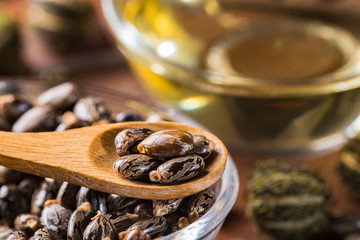 fruit and castor oil on the wooden table - Ricinus communis © Alexander Ruiz