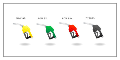 Fuel nozzles icon set. RON 95, RON 97, RON 97+ and Diesel