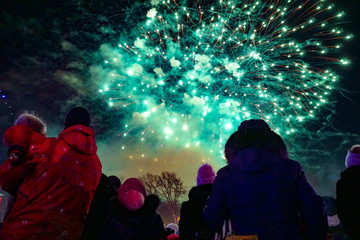 many people in warm winter clothes look at the green fireworks in the night sky, holiday, new year, view from the back