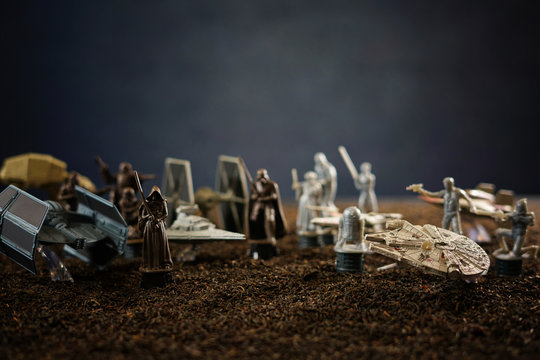 Star Wars battlefield scene with iconic characters and ships. With copy space. ADELAIDE, SOUTH AUSTRALIA - APRIL 28, 2017.