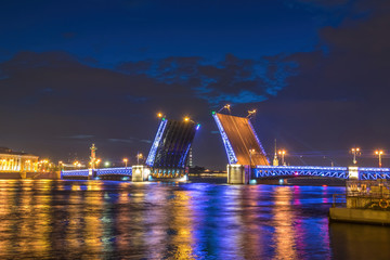 Plakat Saint Petersburg Russia, city skyline night at Palace Bridge