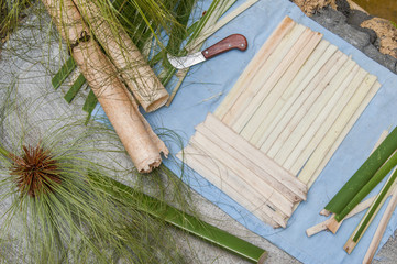 The making of papyrus paper: strips obtained from the stem of papyrus plant with a typical knife...