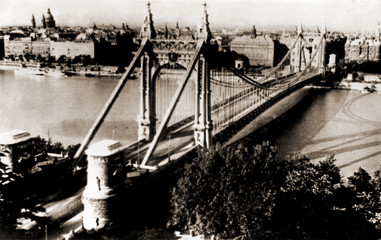 Budapest bridges and monuments taken prior to WWII bombings that destroyed all bridges and part of city. Historical significance. Copyright owner. BUDAPEST, HUNGARY. Circa 1938 to 1944.