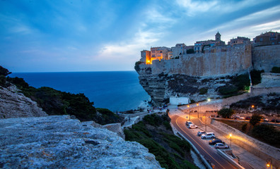 View of Bonifacio old town built on top of cliff rocks, Corsica island, France