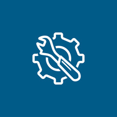 Service Tools Blue Line Icon On White Background. Blue Gear Wheel & Hammer Flat Style Illustration