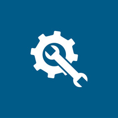 Service Tools Blue Icon On White Background. Blue Gear Wheel & Hammer Flat Style Vector Illustration