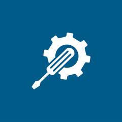 Service Tools Blue Icon On White Background. Blue Gear Wheel & Hammer Flat Style Vector Illustration
