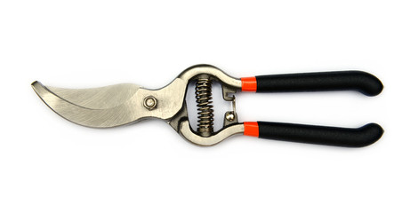 Black garden secateurs isolated on a white background