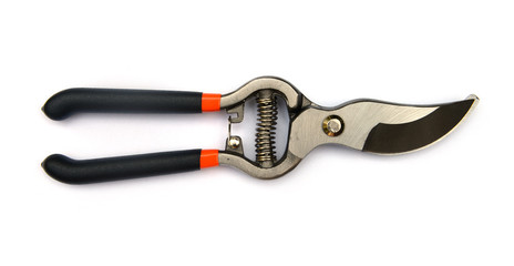 Black garden secateurs isolated on a white background