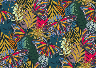 Naklejki  Jednolity wzór z modnymi tropikalnymi motywami lata, kolorowymi motylami, egzotycznymi liśćmi i roślinami.