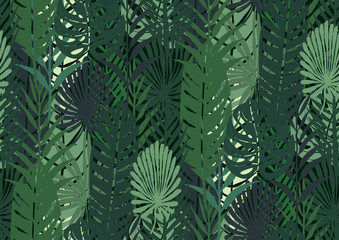 Naklejka na ściany i meble Seamless pattern with trendy tropical summer motifs, exotic leaves and plants. Gold glitter texture, green, blue, pink colors. For fabric, wallpapers, textile.