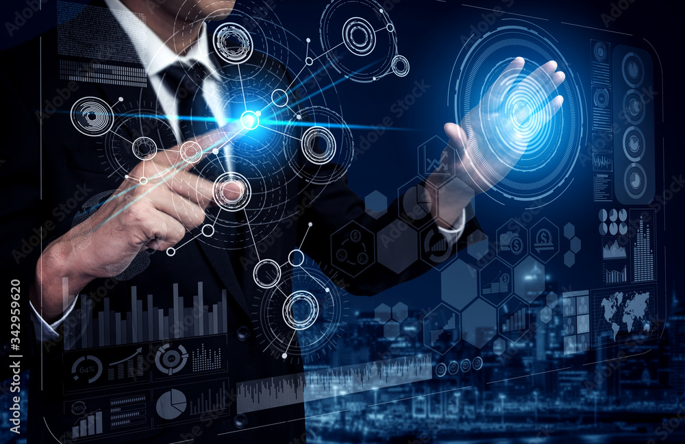 Poster big data technology for business finance analytic concept. modern graphic interface shows massive in