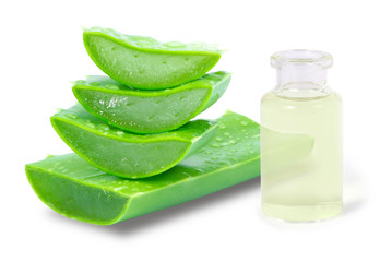 Closeup bottle of aloe vera essential oil extract with aloevera leaf and cut slice isolated on white background. Skin care, health, beauty and spa concept.