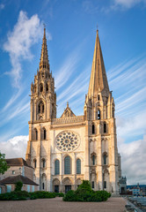 Fototapeta na wymiar Chartres, France - May 21, 2017: View of West facade of Chartres Cathedral 
