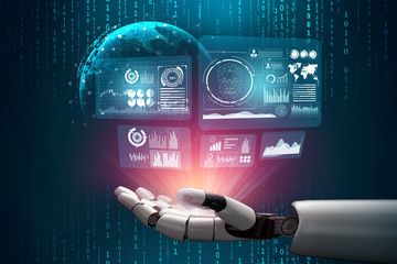3D Rendering futuristic robot technology development, artificial intelligence AI, and machine...