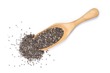 Chia seeds ( Salvia hispanica ) in wooden spoon isolated on white background. Healthy food or...