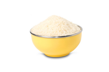 Raw white rice in yellow bowl isolated on white background. Clipping path.