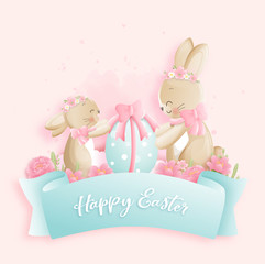 Happy Easter with cute rabbit and Easter egg. Vector illustration.