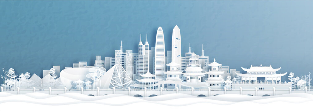 Panorama view of Shenzhen skyline with world famous landmarks of China in paper cut style vector illustration.