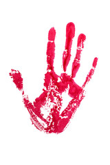 Pink watercolor print of human hand on white background isolated close up, handprint illustration, colorful palm and fingers silhouette mark, one hand shape painted stamp, stop sign, drawing imprint