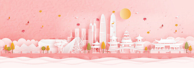 Autumn in Shenzhen, China with falling maple leaves and world famous landmarks in paper cut style vector illustration