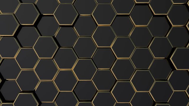 Minimalist geometric hexagon abstract background. Golden and black futuristic pattern of abstract wave animation. Geometric motion background. 3D Render of animation.
