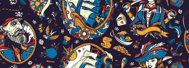 Pirate art. Seamless pattern. Sea adventure background. Caribbean robbers. Captain, parrot, ship in storm, girl filibuster, compass, anchor, treasure island, swallows. Traditional tattooing style