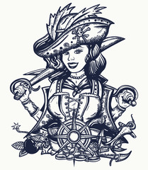 Pirate woman. Crime sailor girl portrait, pin up style. Old school tattoo art. Sea wolf, female. Sabres, guns, gold coins, compass. Marine adventure t-shirt design. Cartoon character