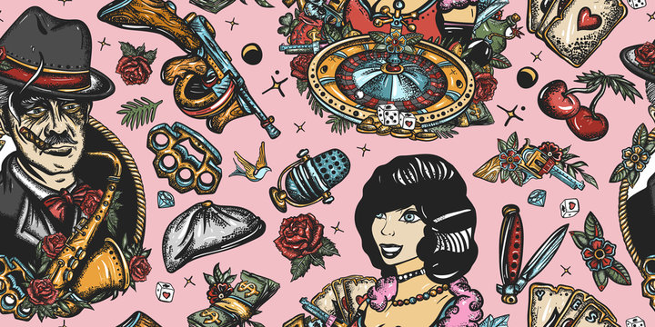 Gangsters. Retro crime seamless pattern. Boss plays saxophone, bandits weapons, croupier, pin up girl, casino, robbers. Criminal, old movie background. Traditional tattooing style