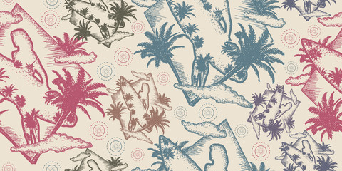 Surf. Seamless pattern. Packing old paper, scrapbooking style. Vintage background. Medieval manuscript, engraving art. Beautiful girl with a surfboard. Symbol of extreme sport, driving on sea waves