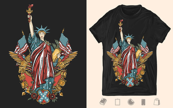 United States of America. Statue of liberty, golden eagle,crossed flags. USA patriotic art. Creative print for dark clothes. T-shirt design. Template for posters, textiles, apparels