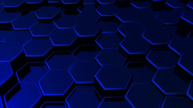 Minimalist geometric hexagon abstract background. Neon Blue and black futuristic pattern of abstract wave animation. Geometric motion background. 3D Render of animation.