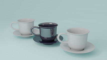 3d render illustration. White ceramic cup isolated on background. coffee and tea cup on disc.