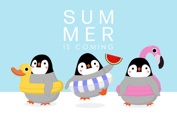 Cute penguin with pink flamingo, violet toy and yellow duck swim rubber ring. Animal cartoon character in summer vacation. © Dusida