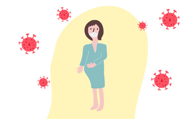 Pregnant woman wearing mask worry about corona virus, Covid-19, flu. New mom concern to give birth health care concept for medical. Vector 