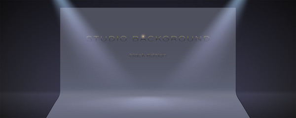 Empty studio in low key with spotlights beams. The ray of the searchlight in the air and floor. Studio room for background, showing of brand or product. Vector 3d illustration