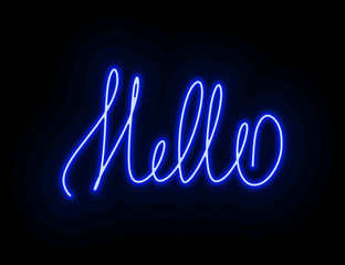 English words hello neon vector image for logo, illustration, icon, web design or print. Colorful neon glowing words in the style of the 90s 80s street sign to attract the attention of visitors