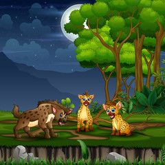 Three hyena cartoon at the forest landscape