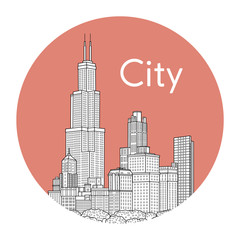 City logo with skyscrapers in lines on a pink background. Vector illustration
