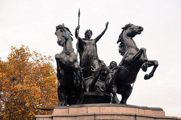 London, UK - November 09, 2019: Statue of Boudicca, warrior queen of the Iceni, Thames Embankment, London. Artist: Derek Anson