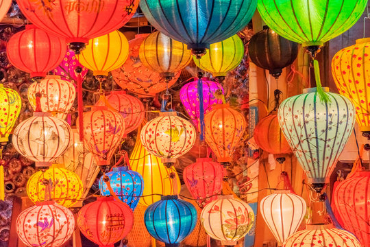 Paper lanterns on the streets of old Asian town, Hoi An, Vietnam