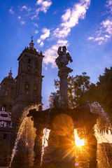 Fototapeta premium Arcangel Fountain Zocalo Park Plaza Cathedral Sunset Puebla Mexico