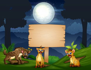 Cartoon tree hyena enjoying in the jungle at night