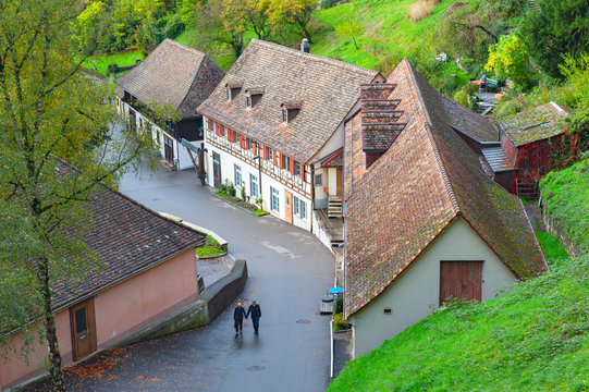 Scenic countryside landscape of a Swiss small village located near the Rhine Falls by the River Rhine in Switzerland