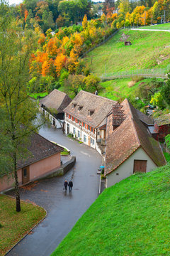 Scenic countryside landscape of a Swiss small village located near the Rhine Falls by the River Rhine in Switzerland