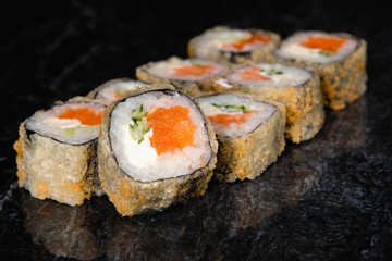 Set japanese fish sushi rolls.