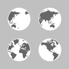 The black and white image of the world in 4 formats on gray background and with selection paths .Globe world set. Globe world earth planet illustration symbol.