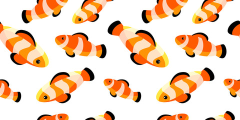 seamless pattern with bright clown fishes on white background