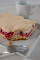 Home made rhubarb meringue cake on a plate