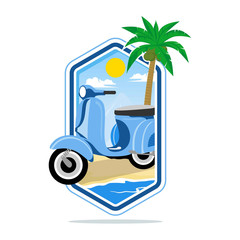 flat illustration summer holiday on beach with palm trees motorcycle, picnic car and blue water